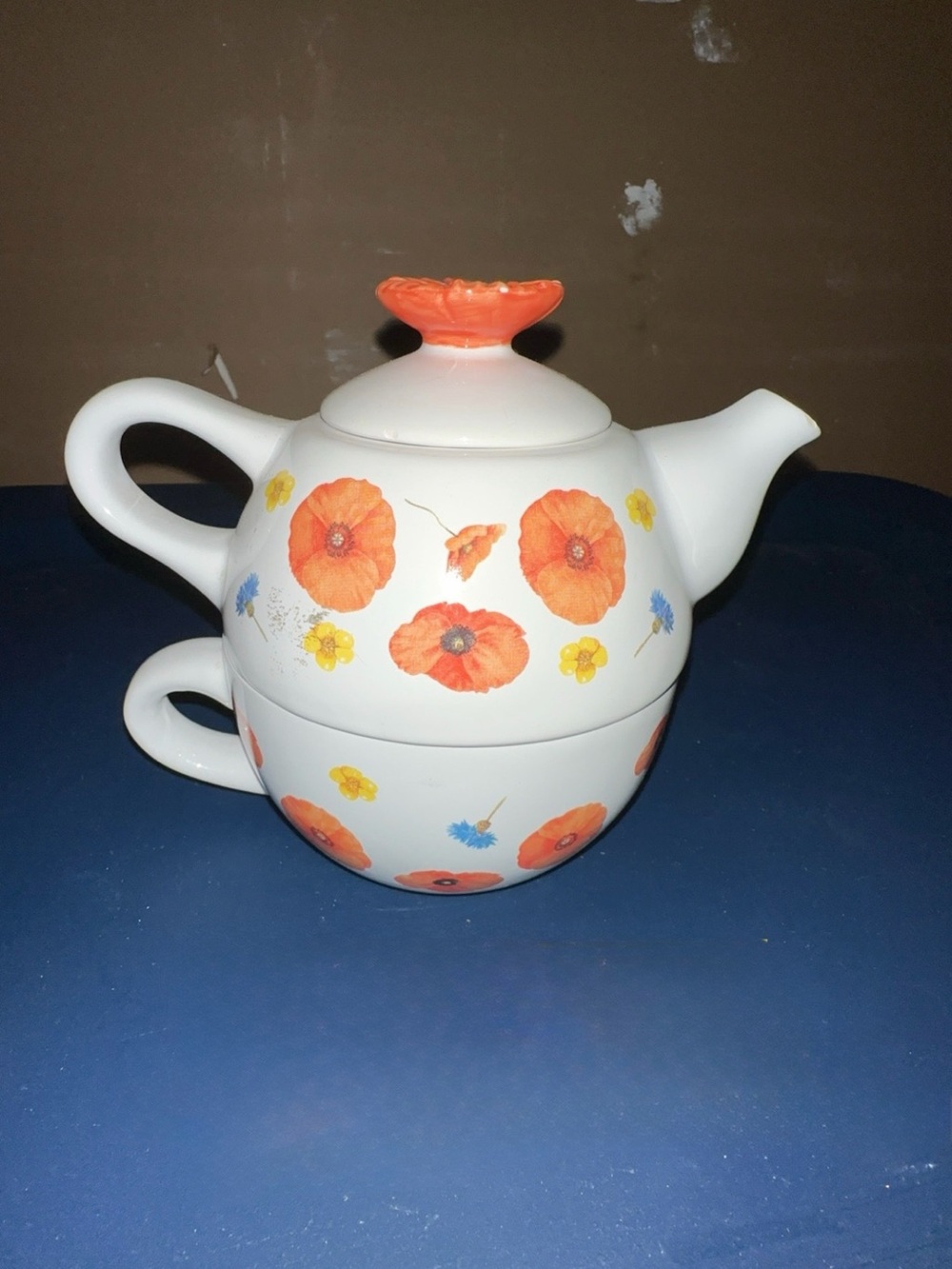 White Ceramic Tea-for-One with Orange Floral Design